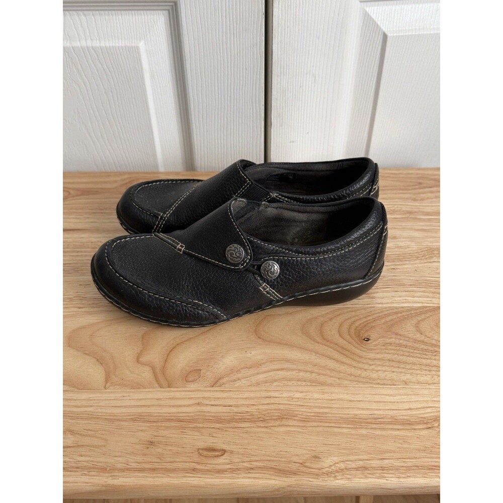 Clarks Collection Ashland Lane Q Black Leather Loafers Buttons Women 6.5 M
